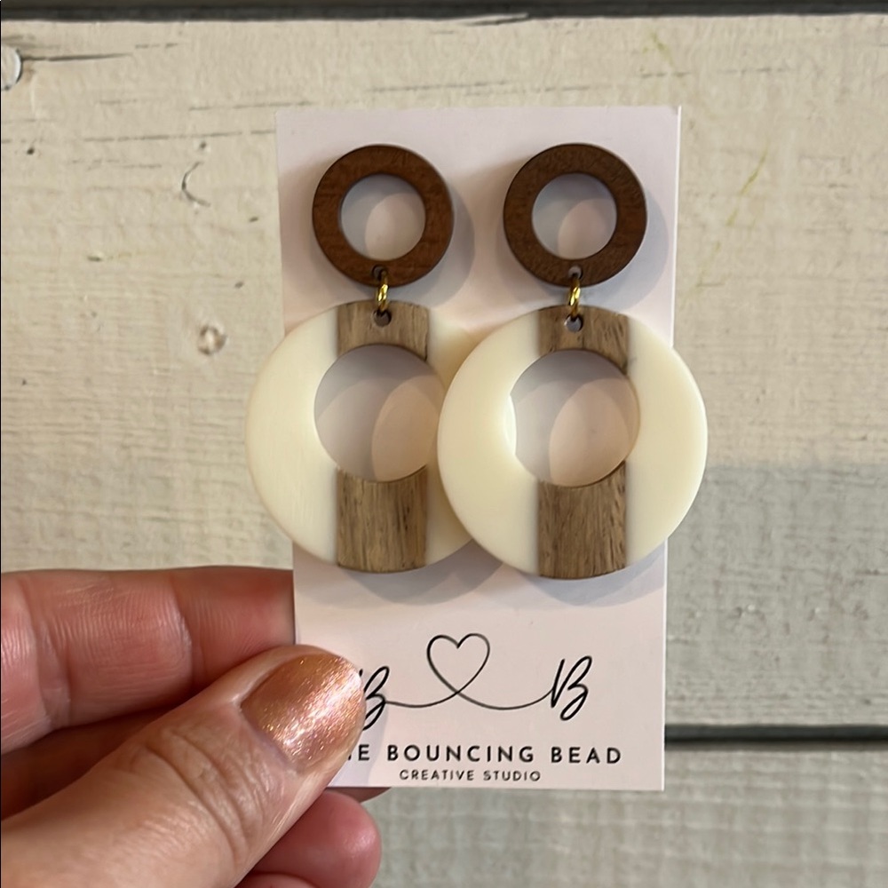 Wood and Cream Circle Earrings